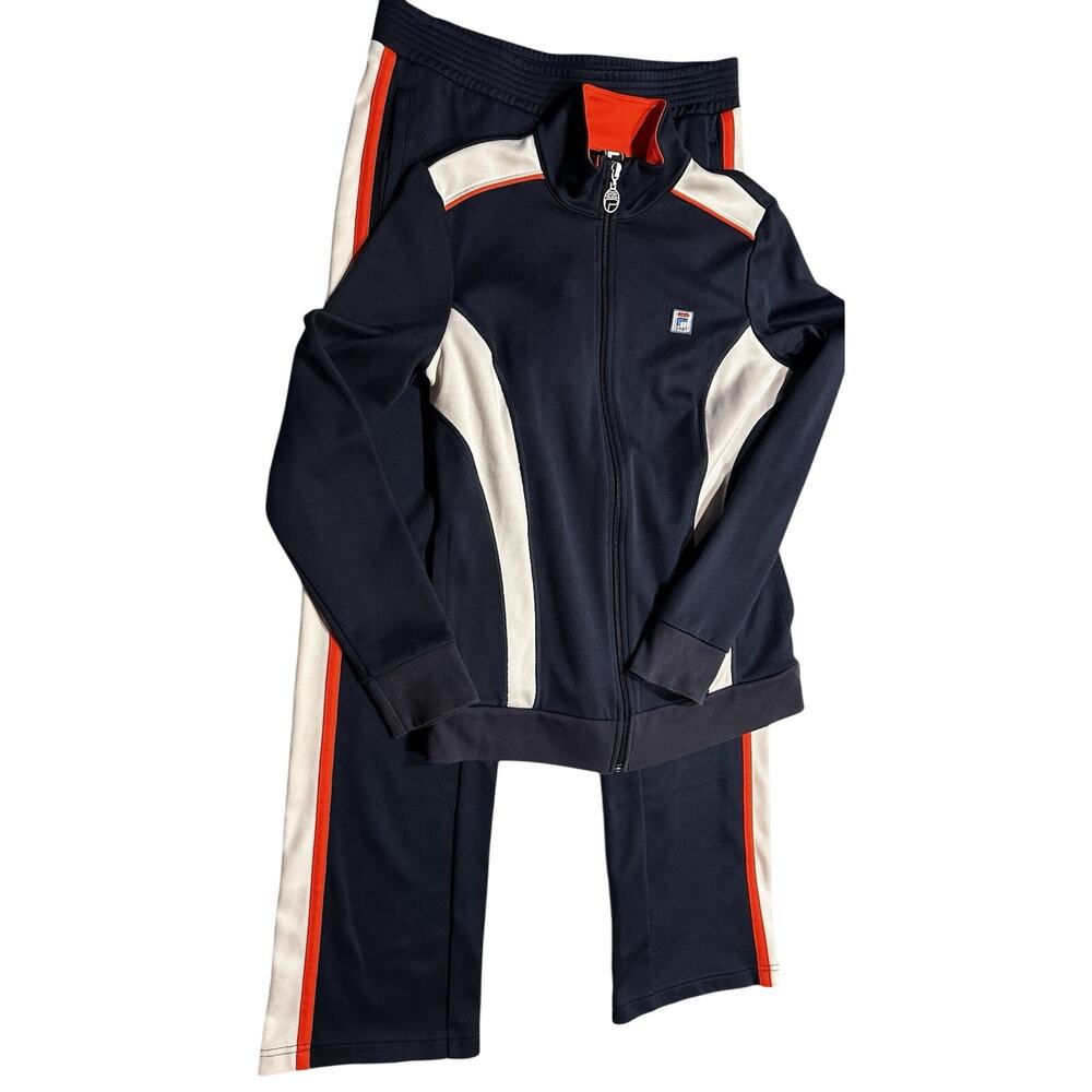 FILA Sweatsuit Tracksuit Womens Small Blue Jacket Pants 2 Piece Logo Stripe Set
